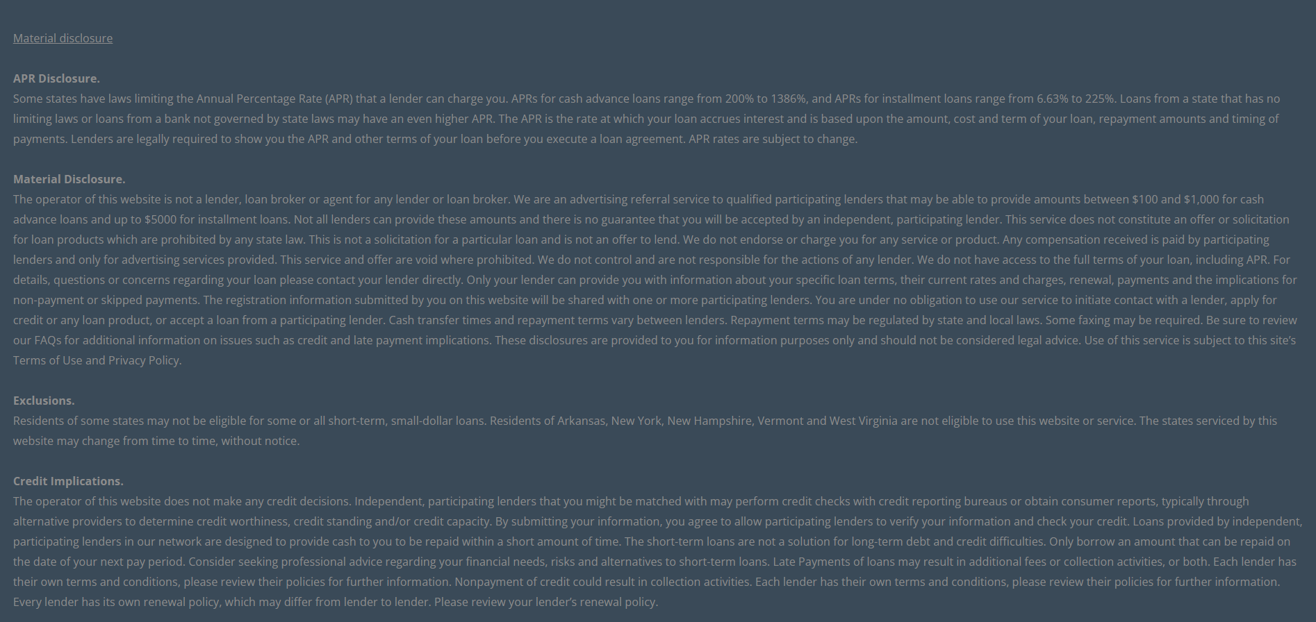 Material disclosure for payday loans in Spokane Washington